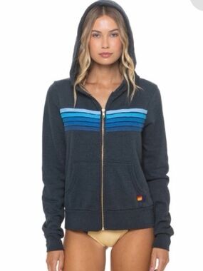 Aviator Nation Charcoal Zip Hoodie with Blue Gradient Stripes size small